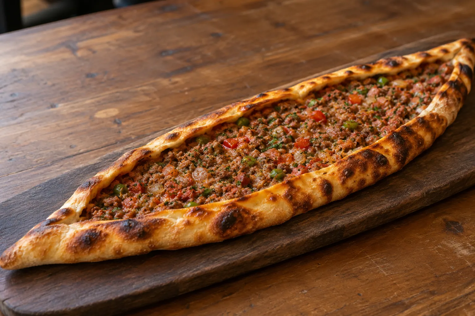 Boat-shaped pide filled with minced meat