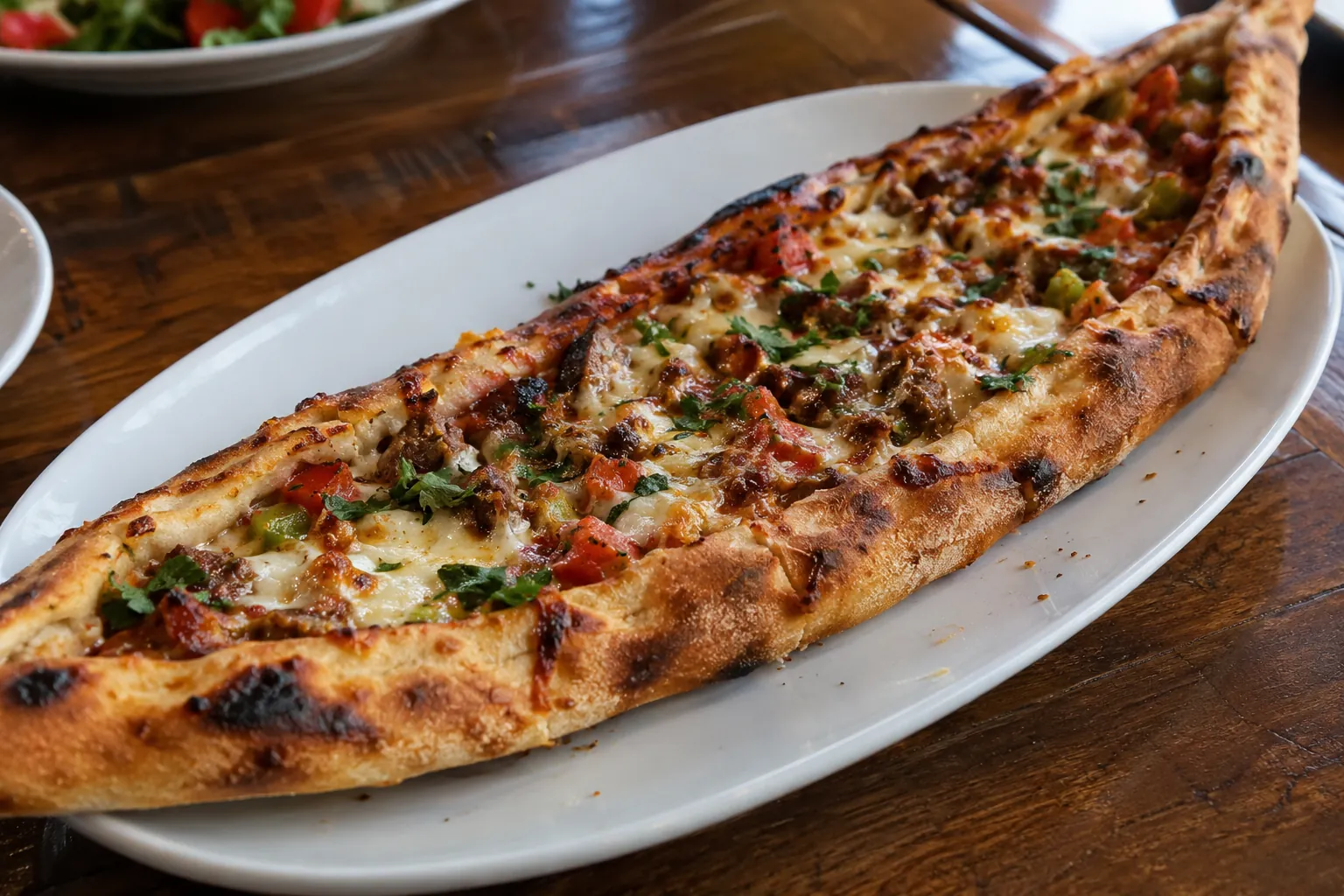 Pide with meat, vegetables and melted cheese