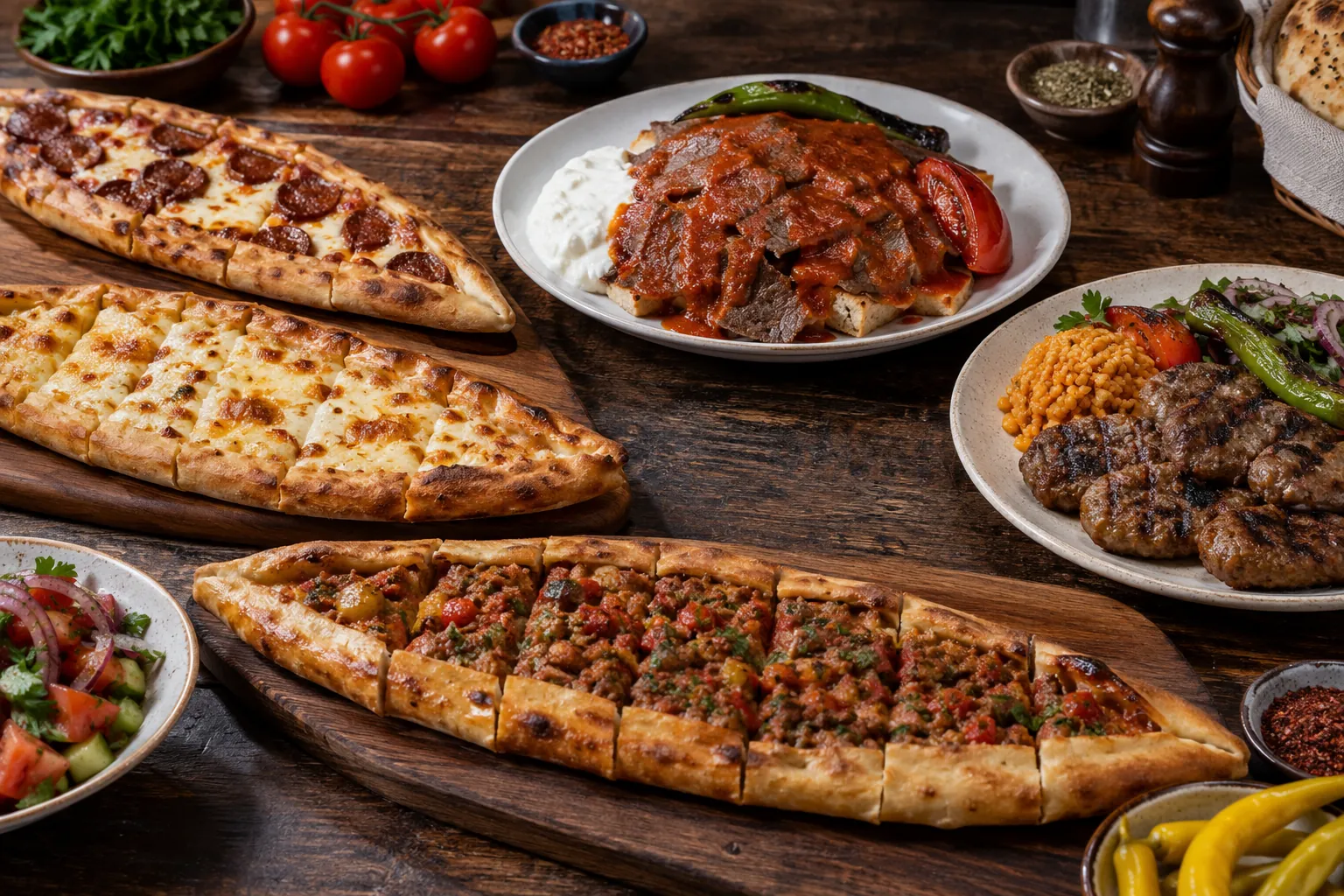 A table of pide, İskender kebab, köfte and salad